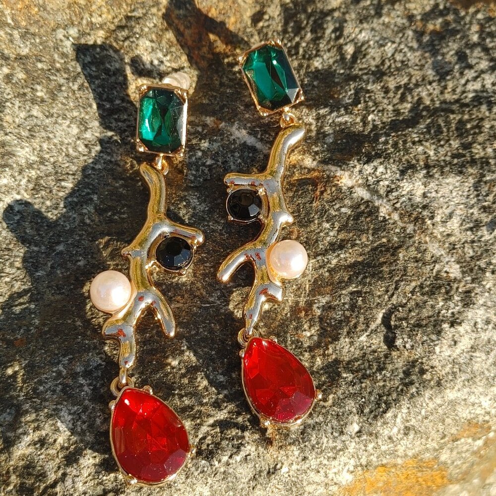 Golden Branch Earrings with Red & Blue/Green Crystals, Onyx, and Pearl